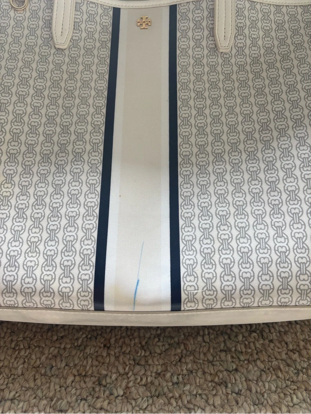 Tory Burch Cream Signature Tote with Navy Center Stripe
